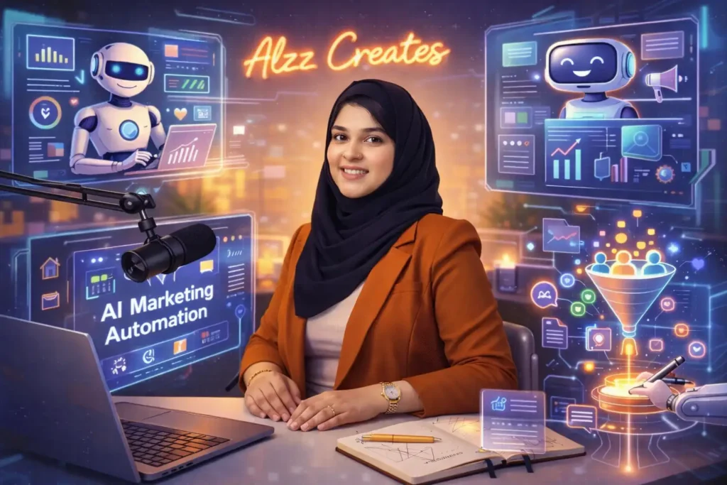 A young freelance digital marketing expert in sharjah, wearing a black hijab and an orange blazer sits at a modern desk with a laptop and notebook, speaking into a microphone. Behind her, a glowing “Alzz Creates” sign is displayed. The scene is enhanced with futuristic, holographic interfaces showing AI-driven marketing dashboards, charts, chatbots, and a small robot assistant—illustrating advanced digital marketing workflows powered by AI in a 2026 setting.